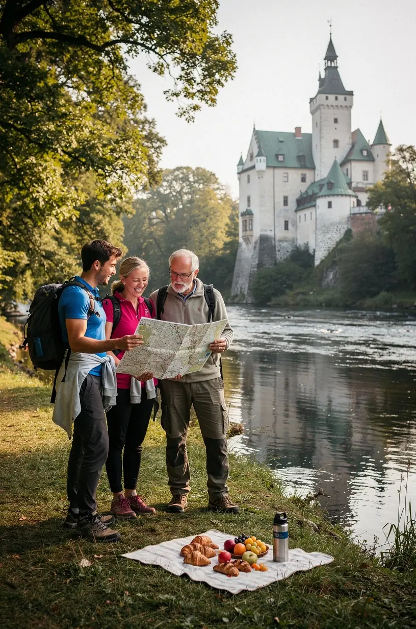 Pohľad na zrekonštruované hradné nádvorie s návštevníkmi využívajúcimi informačné tabule