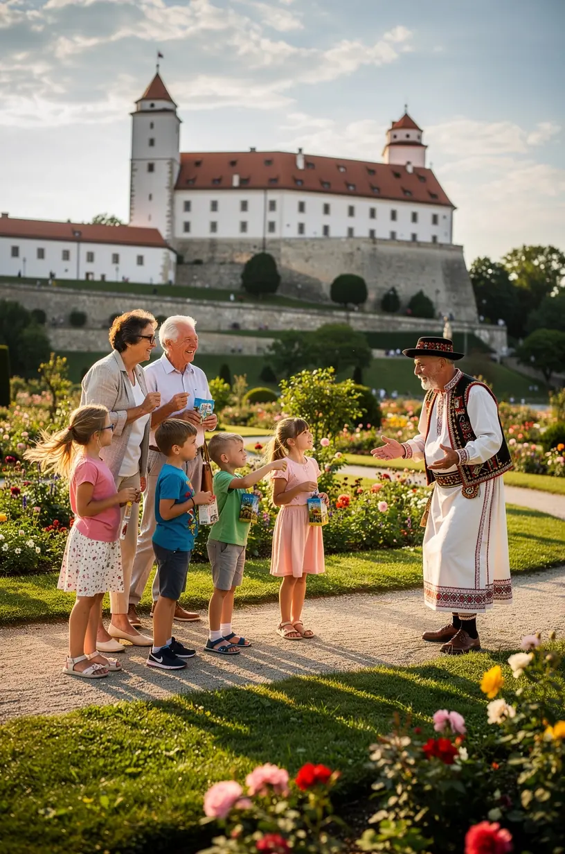 Turistická skupina počúva sprievodcu počas prehliadky kultúrnej pamiatky na Slovensku